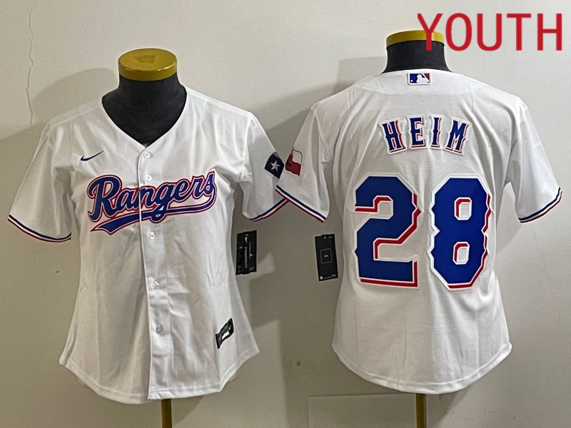 Youth Texas Rangers #28 Heim White Nike Game 2024 MLB Jersey style 1